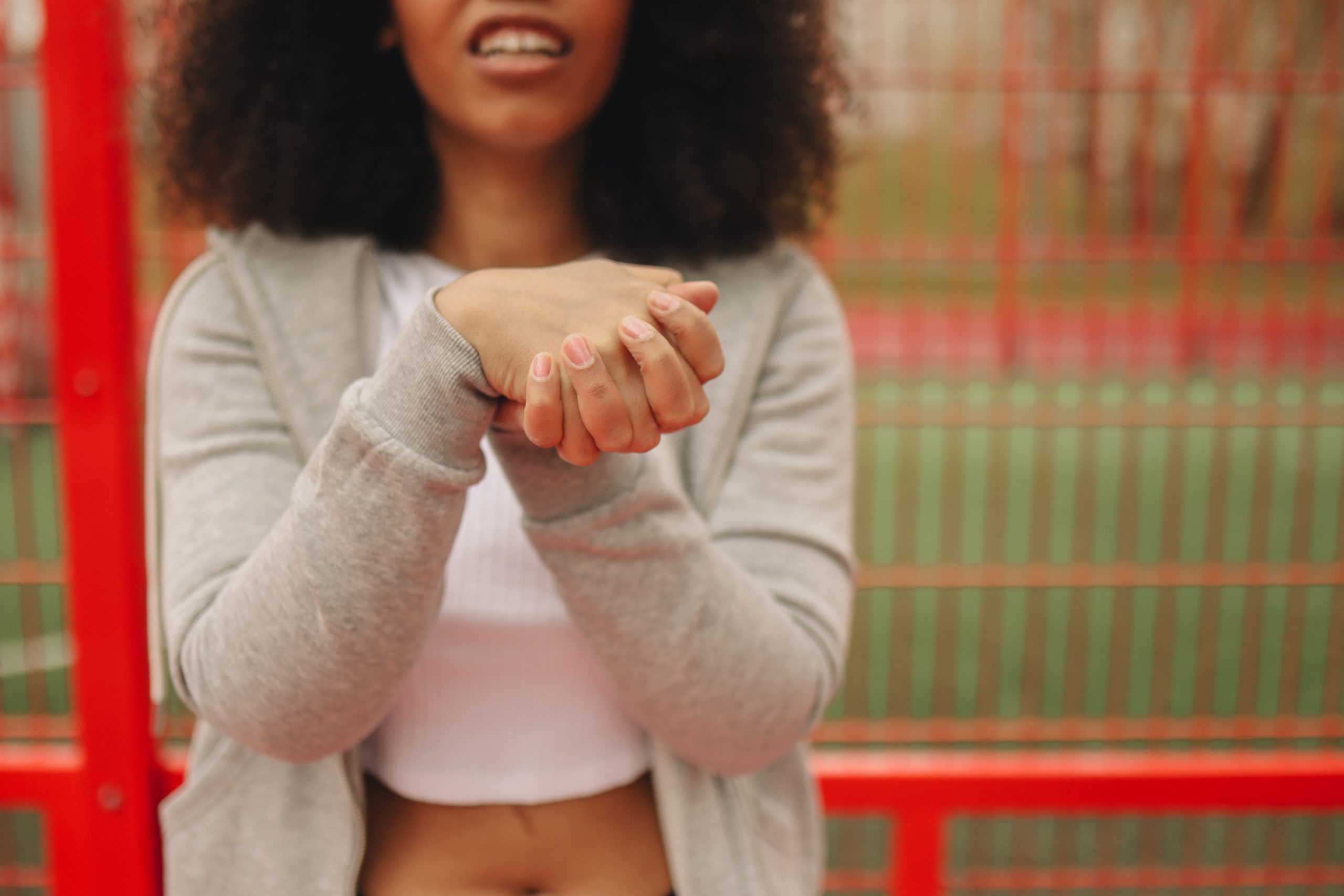 Woman hands together.
